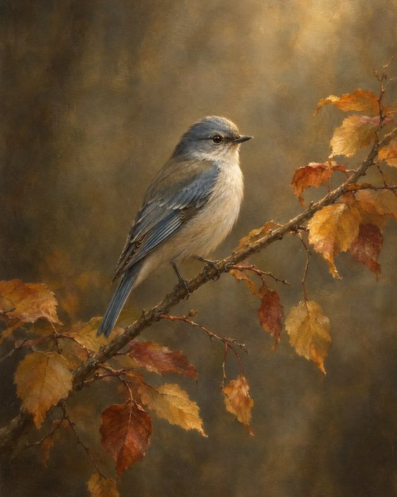 Painting of a small blue-grey bird on a branch of amber autumn leaves