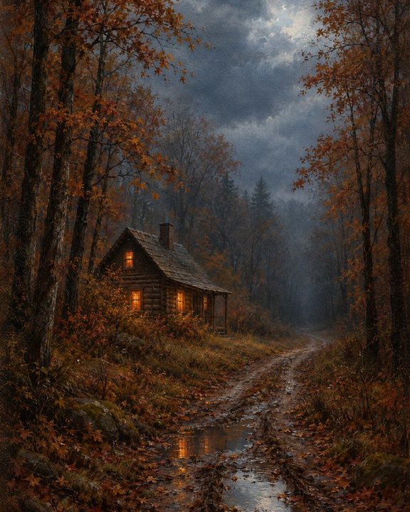 Moody painting of a cabin with glowing windows on a rainy autumn forest path