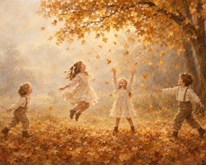 Vintage painting of children playing in falling autumn leaves