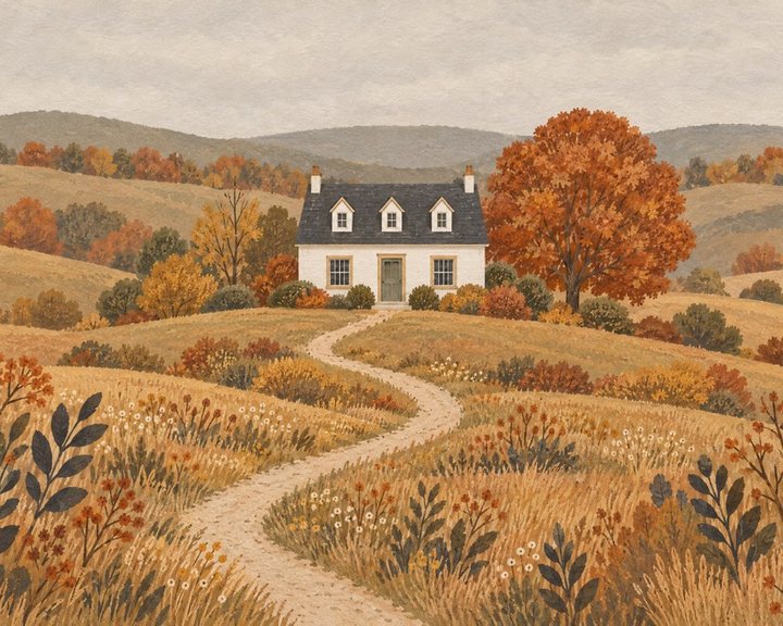 Folk-style painting of a white farmhouse on rolling autumn hills with a winding path