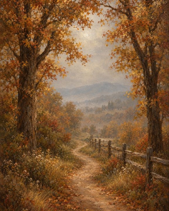 Country path through autumn trees beside a wooden fence