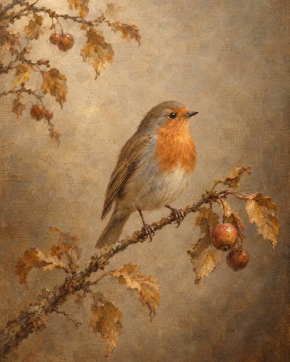 Oil painting of a robin on a branch with autumn leaves and berries
