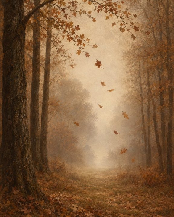 Misty autumn woodland with falling leaves