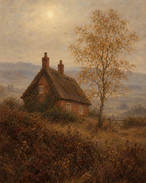 Muted painting of a thatched cottage beside an autumn tree