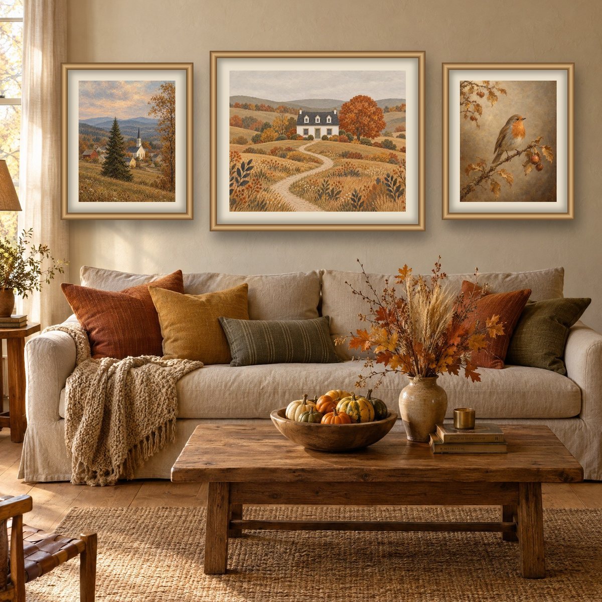 Three framed vintage autumn prints above a linen sofa with fall pillows