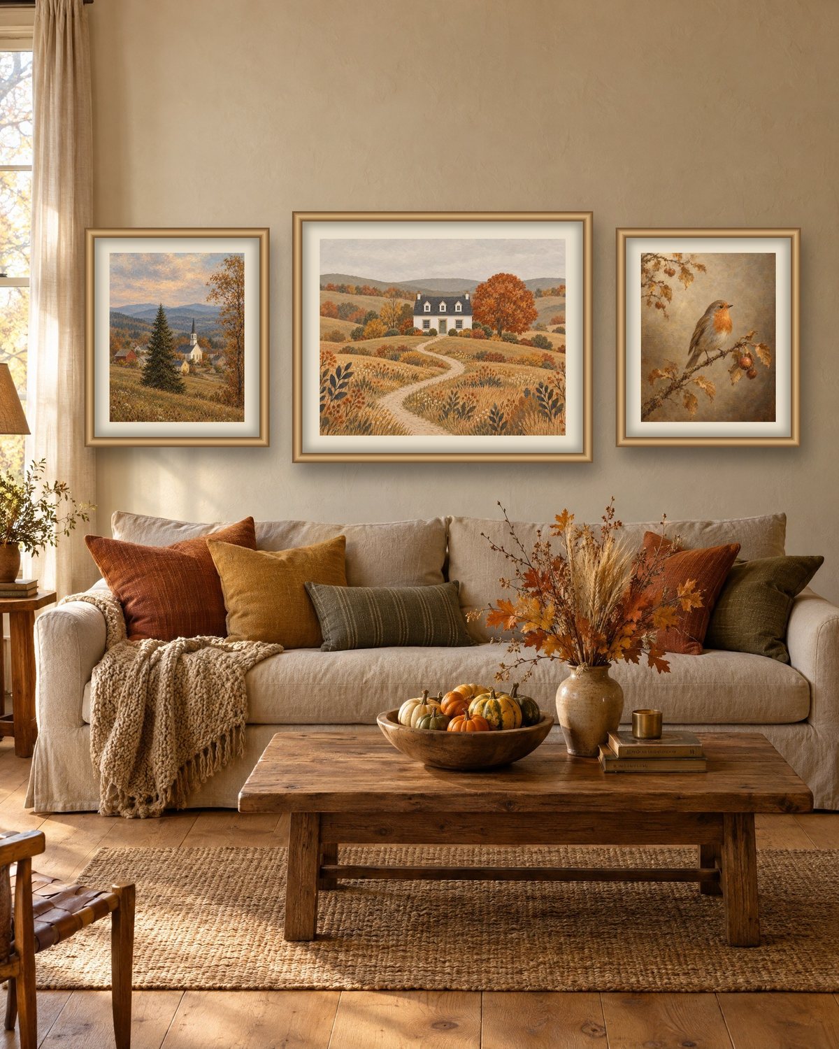 Cozy farmhouse living room in autumn with three framed vintage fall prints, a country church, a farmhouse landscape and a robin, above a linen sofa with rust and mustard pillows