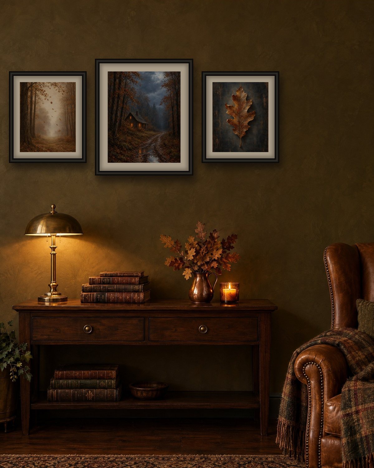 Moody reading corner with three black-framed autumn prints, a misty woodland, a cabin on a rainy forest path and an oak leaf, above a walnut console with a brass lamp and a leather armchair