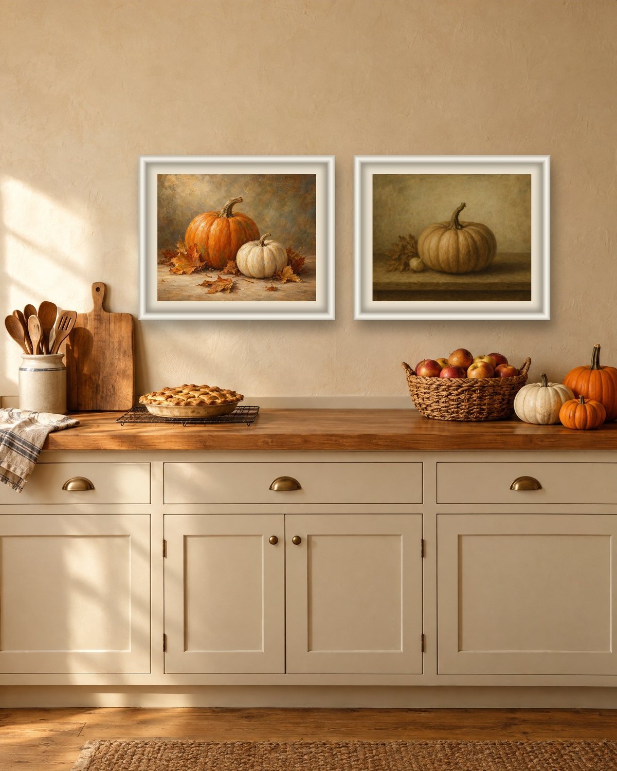 Farmhouse kitchen with two white-framed vintage pumpkin paintings above a butcher block counter with a pie, apples and pumpkins