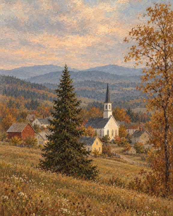 Vintage painting of a white village church among autumn trees and mountains