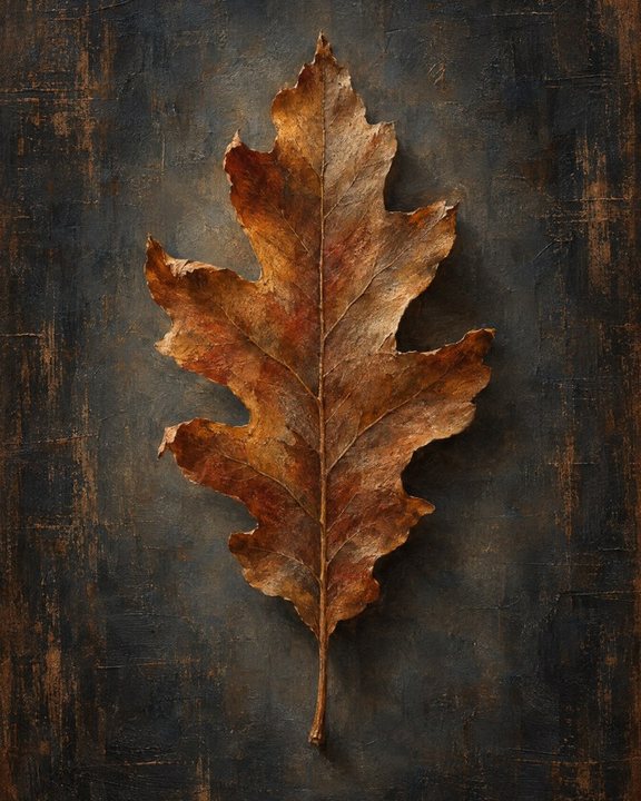 Single rust oak leaf on a dark textured background