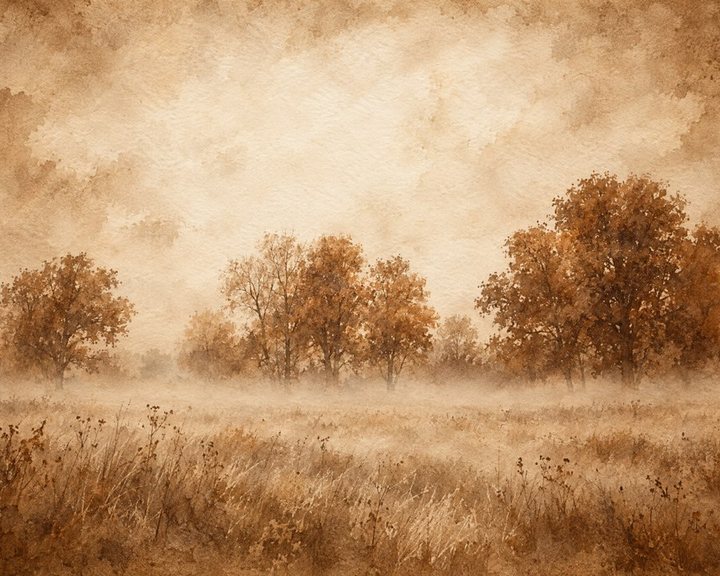 Hazy sepia autumn meadow with a line of trees