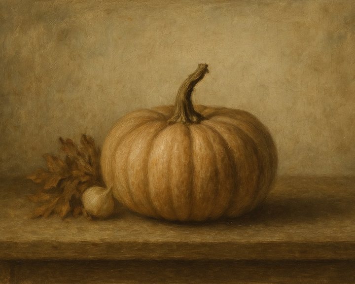 Muted still life of a tan pumpkin on a wooden shelf