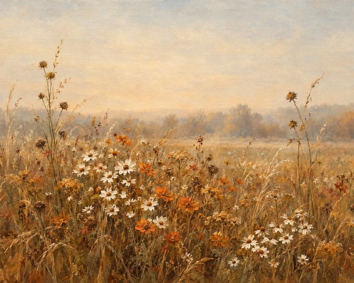 Painting of a golden autumn wildflower field at sunrise