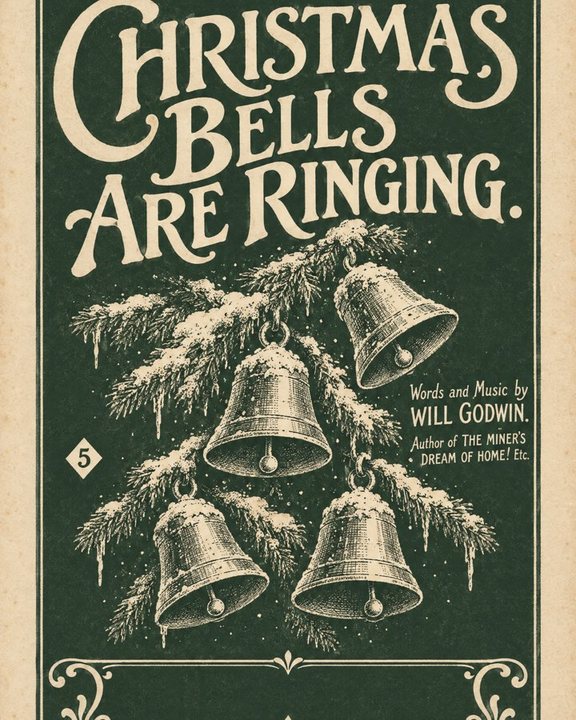 Vintage Christmas Bells Are Ringing sheet music print in dark green