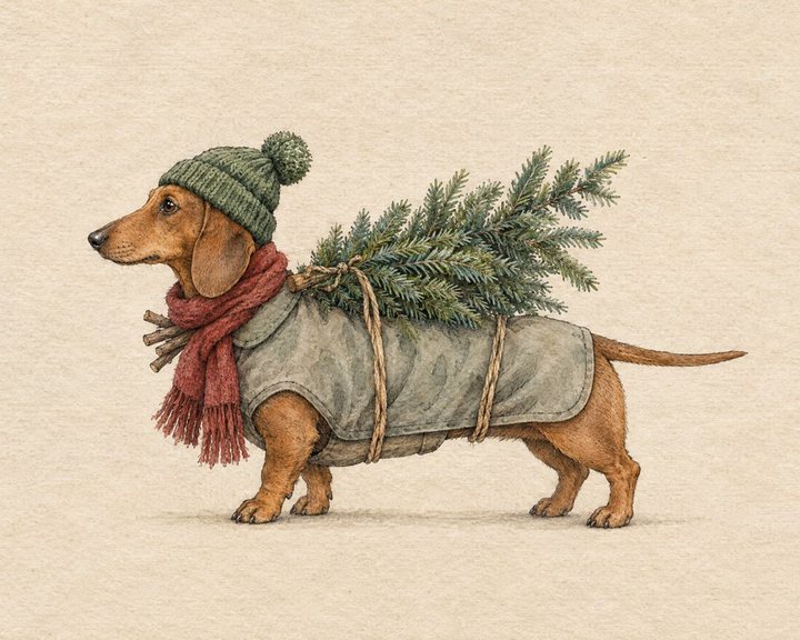 Vintage drawing of a dachshund in a knit hat and red scarf carrying a pine tree on its back