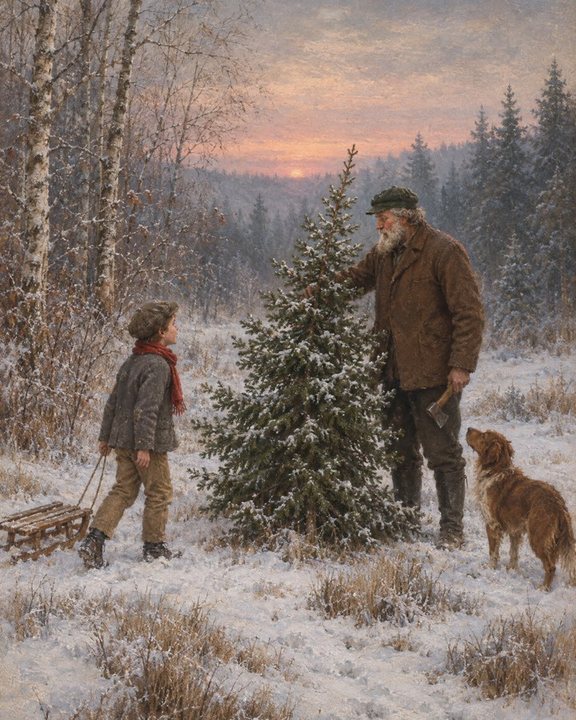 Oil painting of a grandfather, a boy and a dog choosing a Christmas tree in a snowy forest at dusk