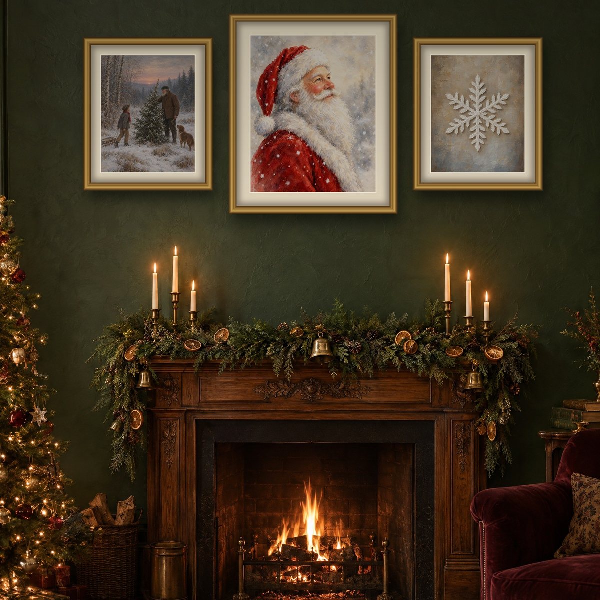 Vintage Christmas prints in gold frames above a garland-draped mantel