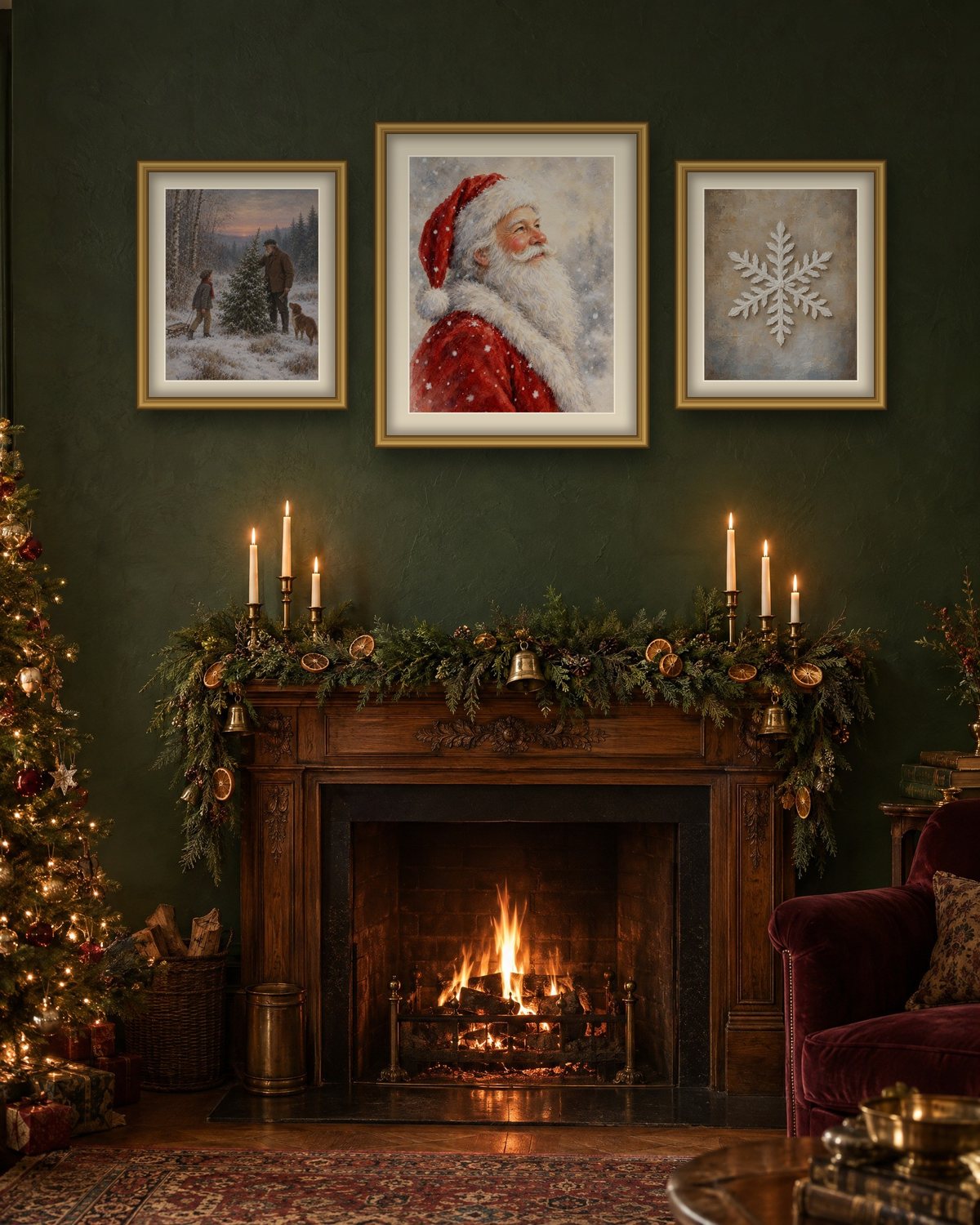 Three vintage Christmas prints in antique gold frames, a Santa portrait between a winter tree-hunt painting and a snowflake, above a garland-draped wooden mantel with brass candlesticks on a dark green wall
