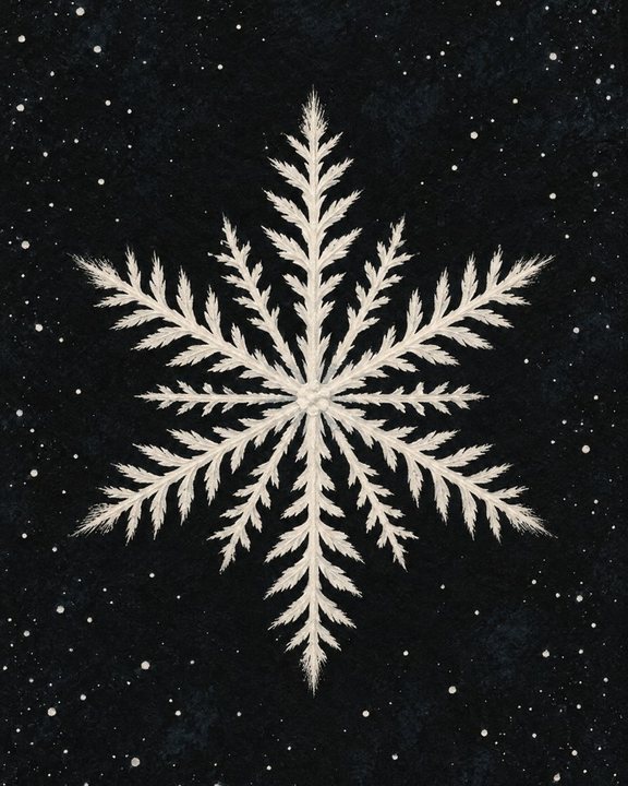 Large white snowflake on a black night sky with tiny stars