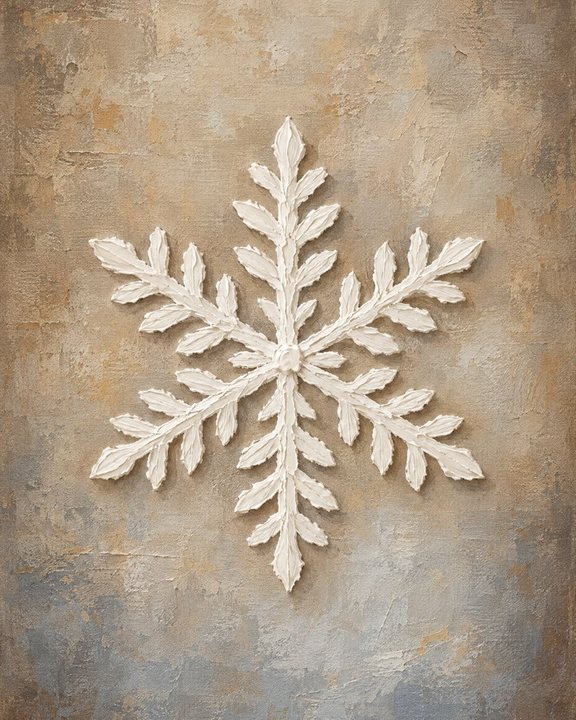 Textured white snowflake on a warm cream and blue painted background