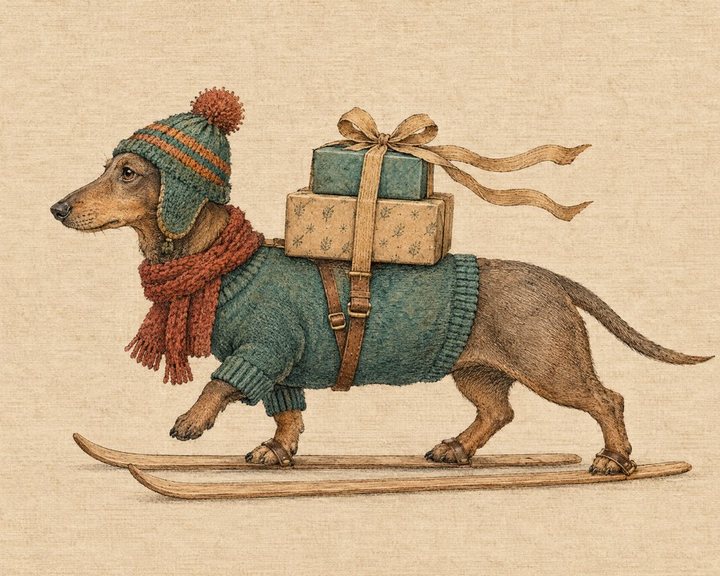 Vintage drawing of a dachshund in a sweater skiing with wrapped gifts strapped to its back