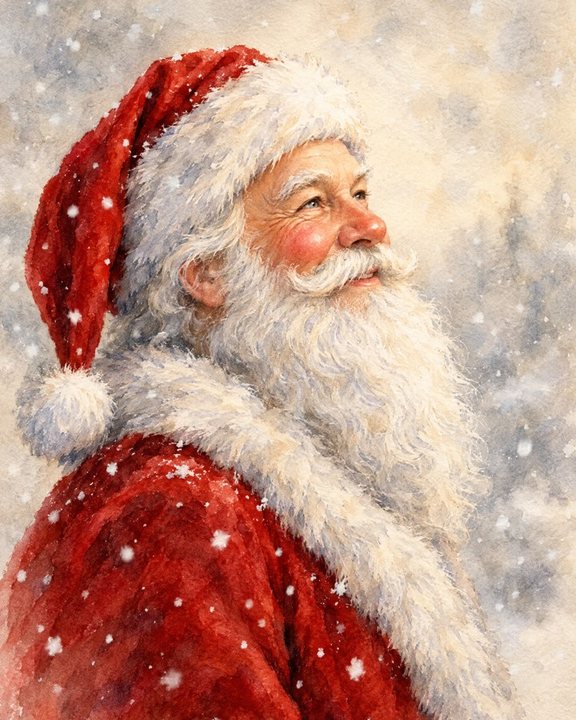 Painterly portrait of Santa Claus in a red hat looking up at falling snow