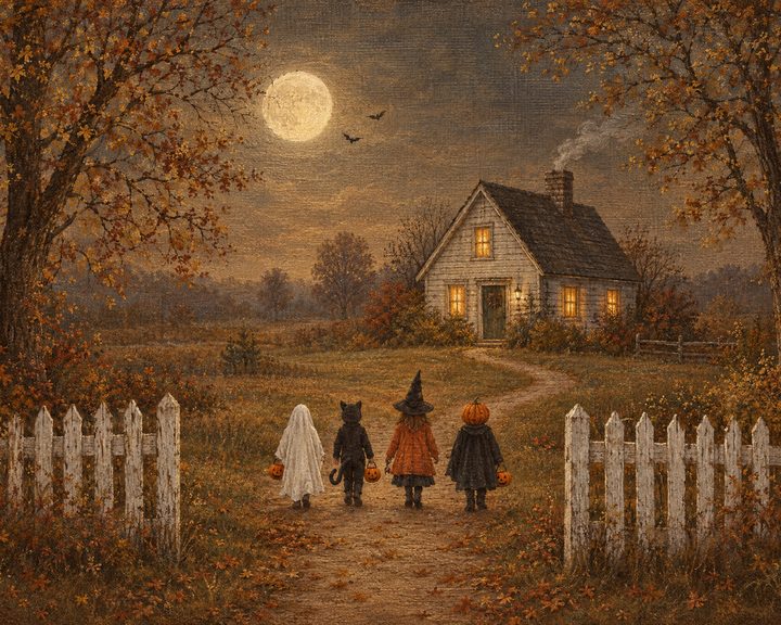 Children in costumes walking up a path to a glowing cottage under a full moon