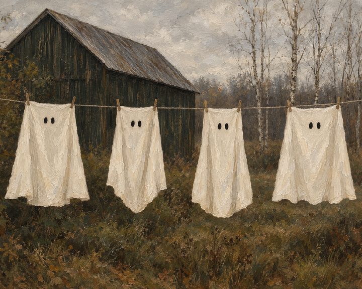 Four sheet ghosts drying on a laundry line in front of an old barn