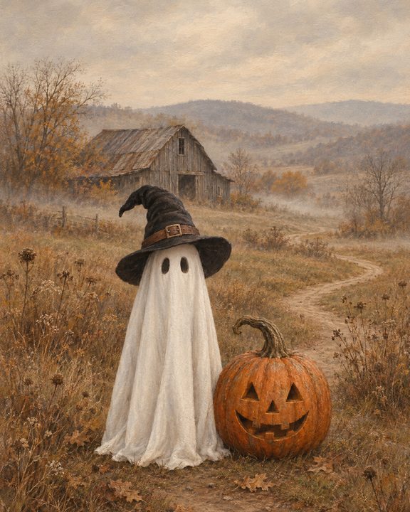 A sheet ghost in a witch hat beside a carved pumpkin in a misty field