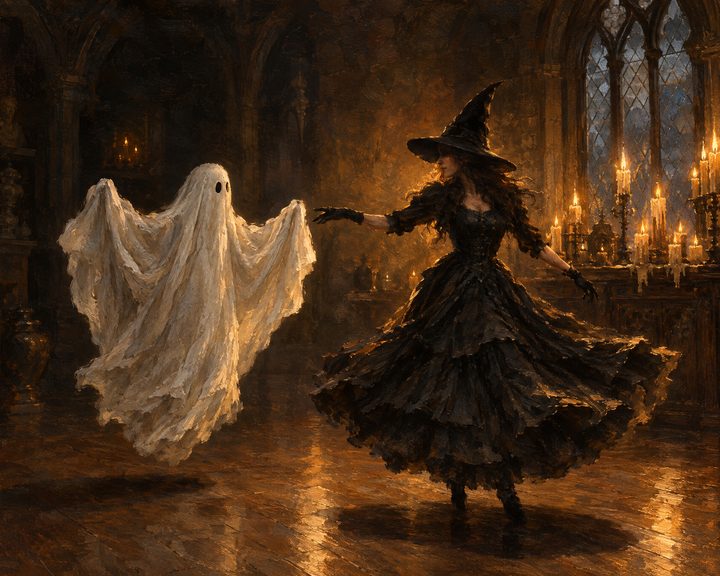 A ghost and a witch dancing in a candlelit gothic hall