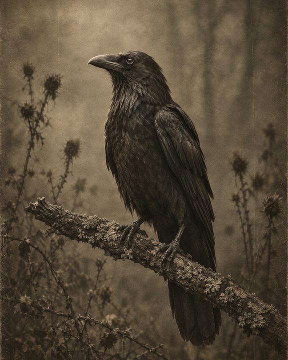 Vintage painting of a black raven perched among thistles