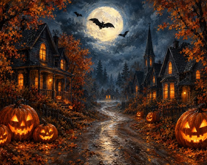Haunted village street lined with glowing jack-o'-lanterns under a full moon