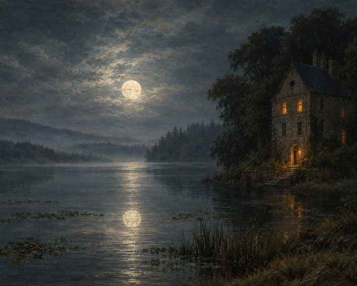 Moonlit lake with an old manor house glowing on the shore