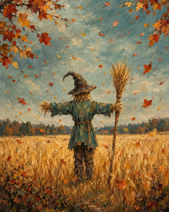 Scarecrow in a golden wheat field with falling autumn leaves
