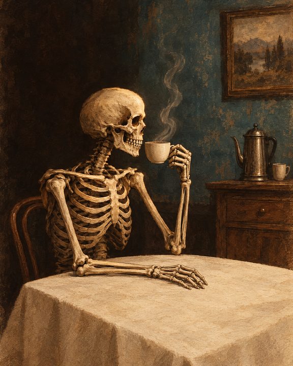 Vintage painting of a skeleton sipping coffee at a table