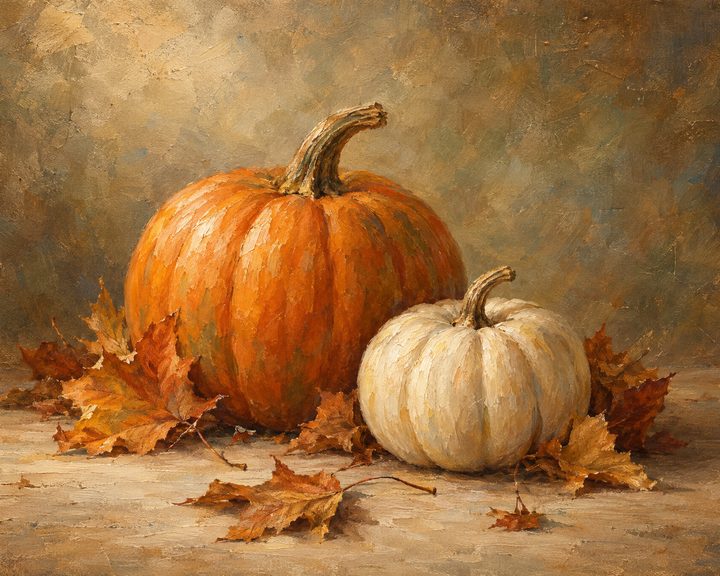 Oil painting of an orange and a white pumpkin with autumn leaves