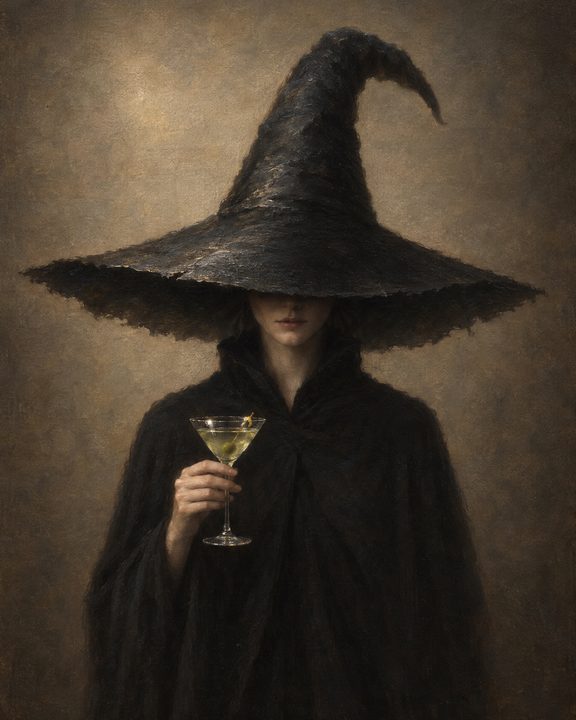 Moody oil painting of a witch in a wide hat holding a cocktail