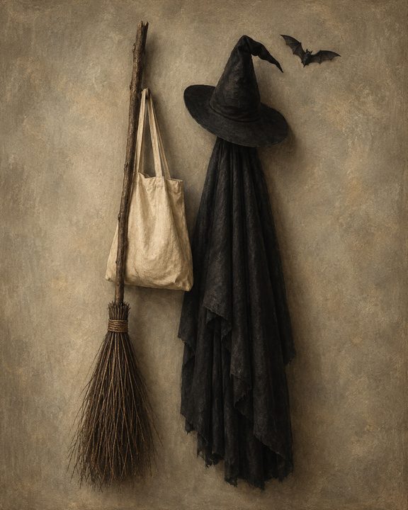 Witch hat, broom and linen bag hanging on a plaster wall