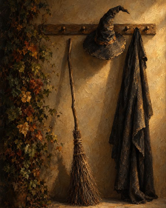 Witch hat, broom and cloak hanging on a rustic wall