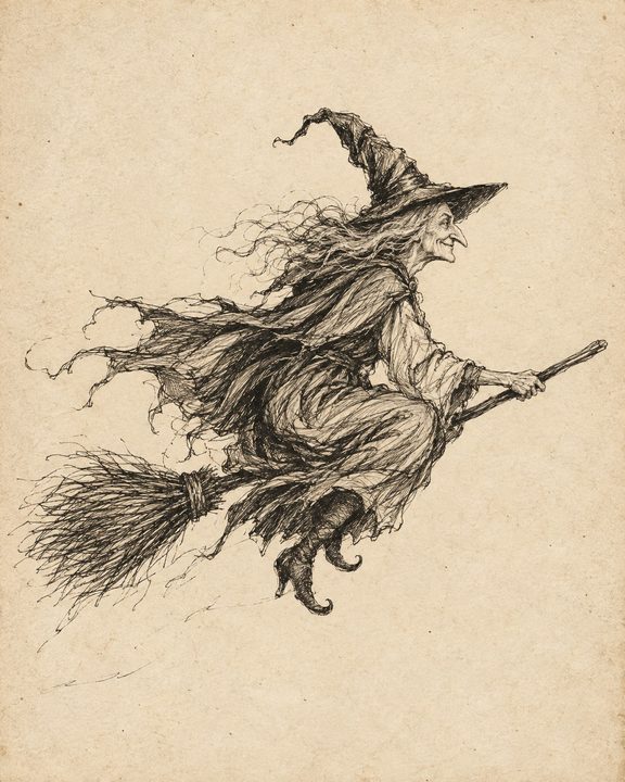 Vintage witch ink sketch print