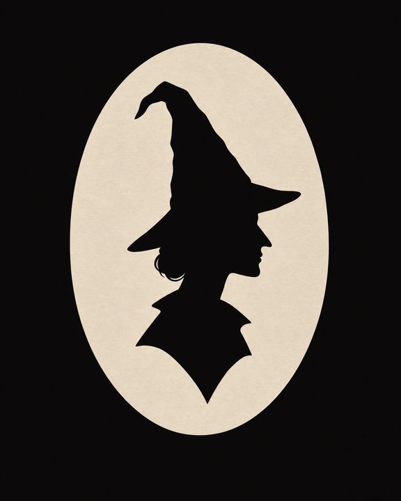 Black and cream witch silhouette in an oval cameo