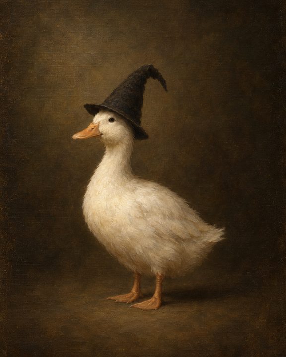 Vintage portrait of a white duck wearing a black witch hat