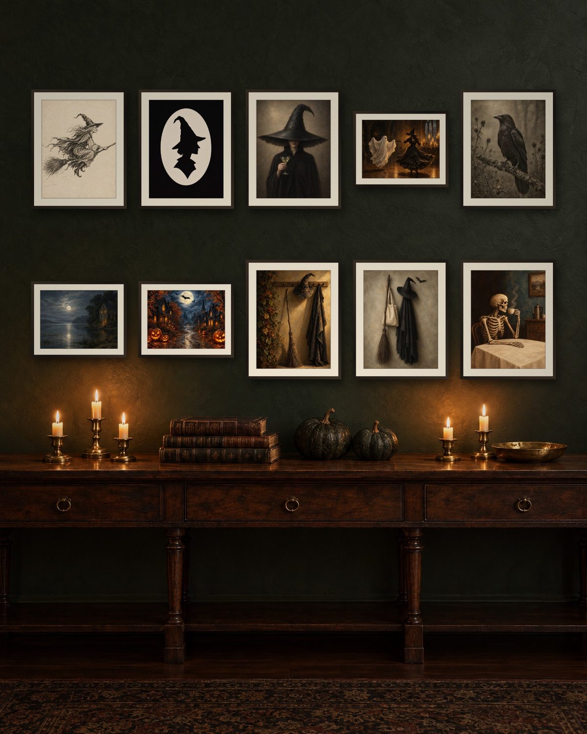 Moody vintage Halloween gallery wall of ten framed witch, raven and haunted prints on a dark green wall above a candlelit console table