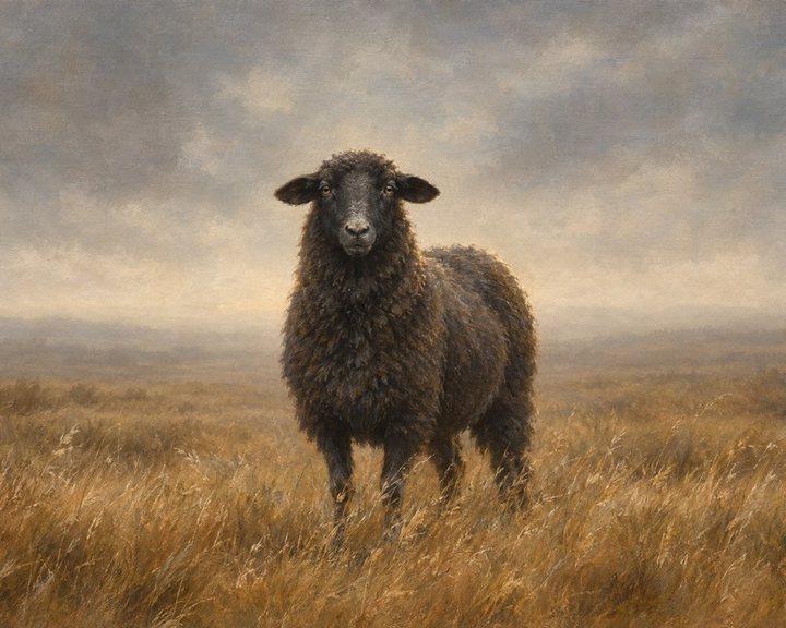 Painting of a black sheep standing in a golden moorland under a cloudy sky
