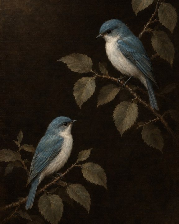 Two blue birds on dark leafy branches