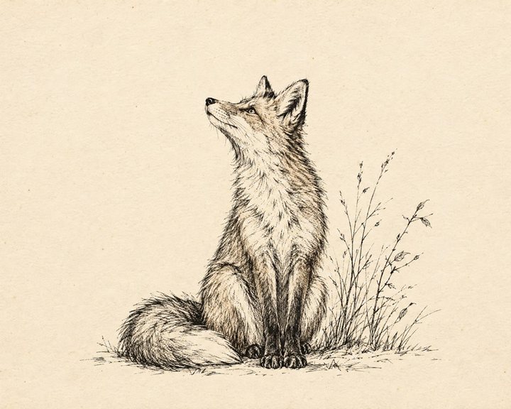 Ink sketch of a fox sitting in dry grass on cream paper