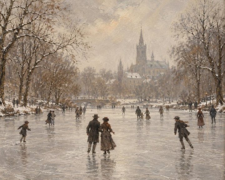 Vintage oil painting of skaters on a frozen pond in a snowy park below a church spire