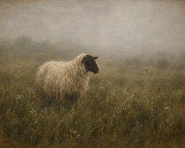 Sheep grazing in a misty green field