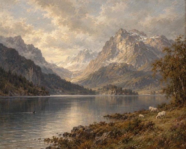 Vintage painting of a Scottish highland loch below snow-capped mountains
