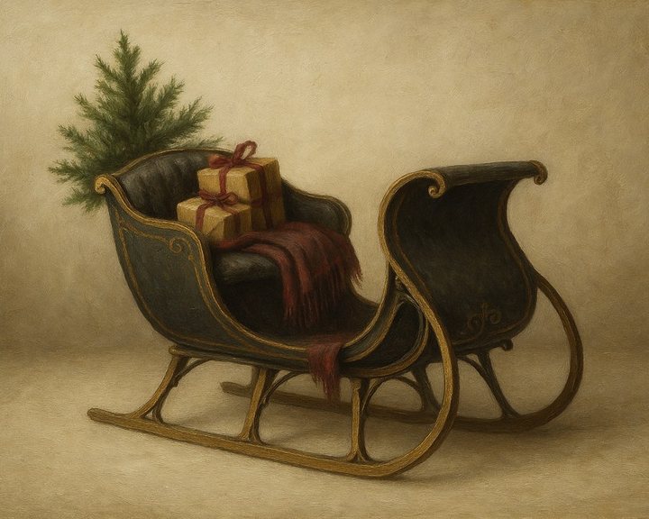 Antique black and gold Victorian sleigh with a small fir tree